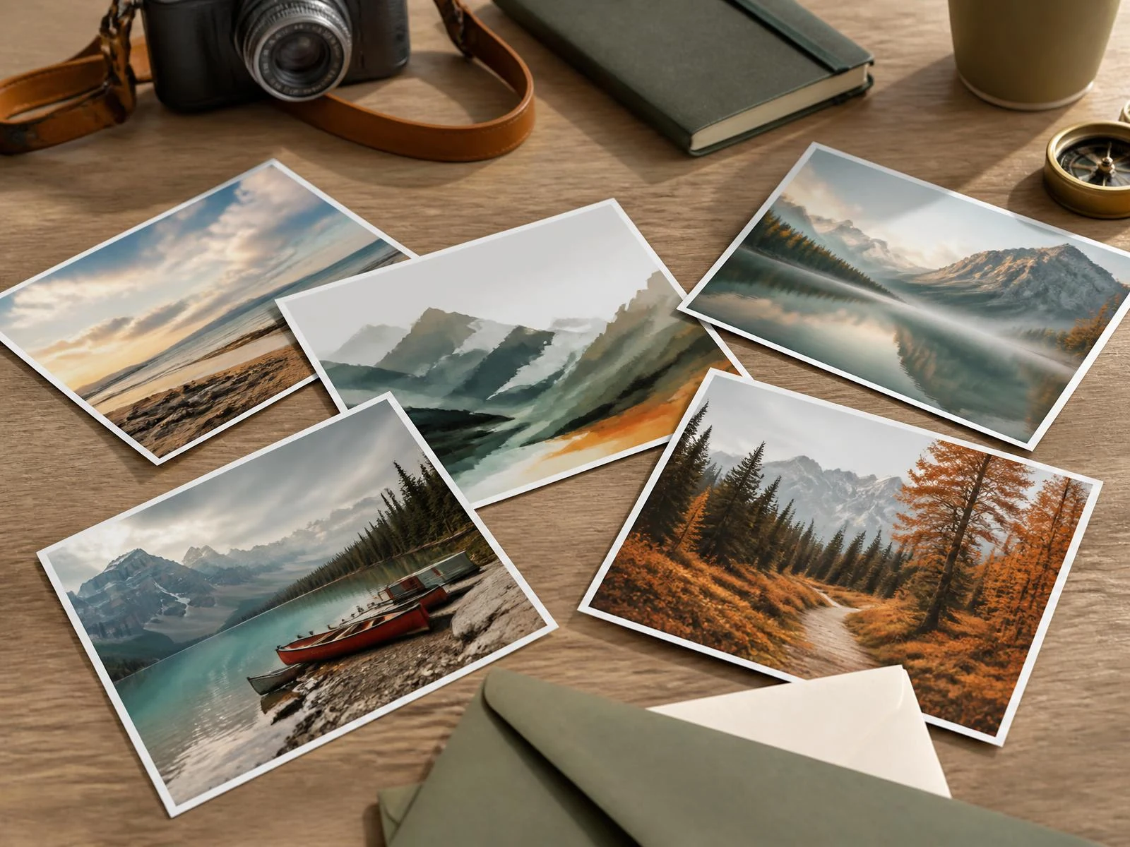 Cartes postales imprimées avec enveloppes et accessoires de voyage sur une table