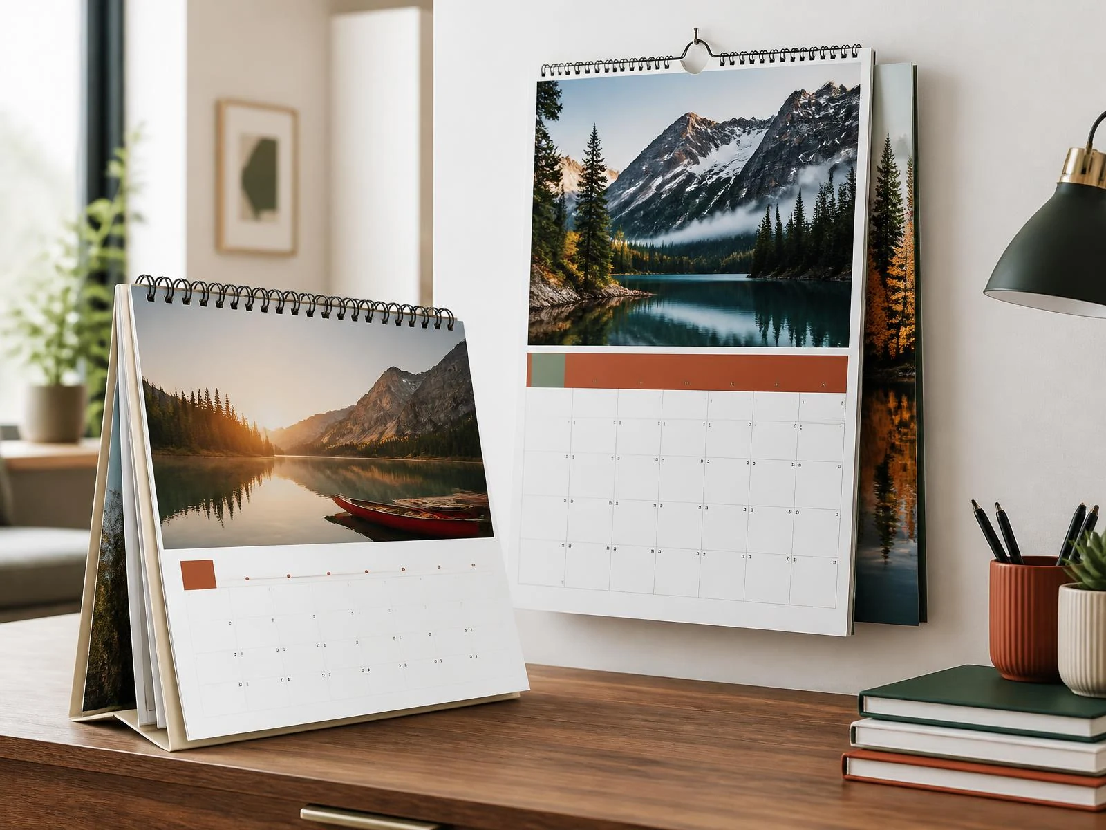 Calendriers de bureau et mural imprimés dans un espace de travail moderne