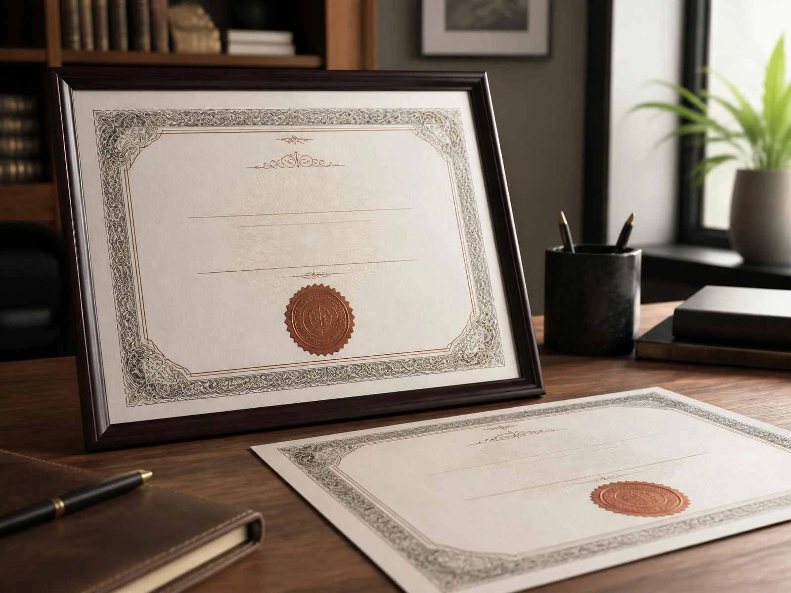 Certificat imprimé encadré et exemplaire sur papier épais dans un bureau professionnel