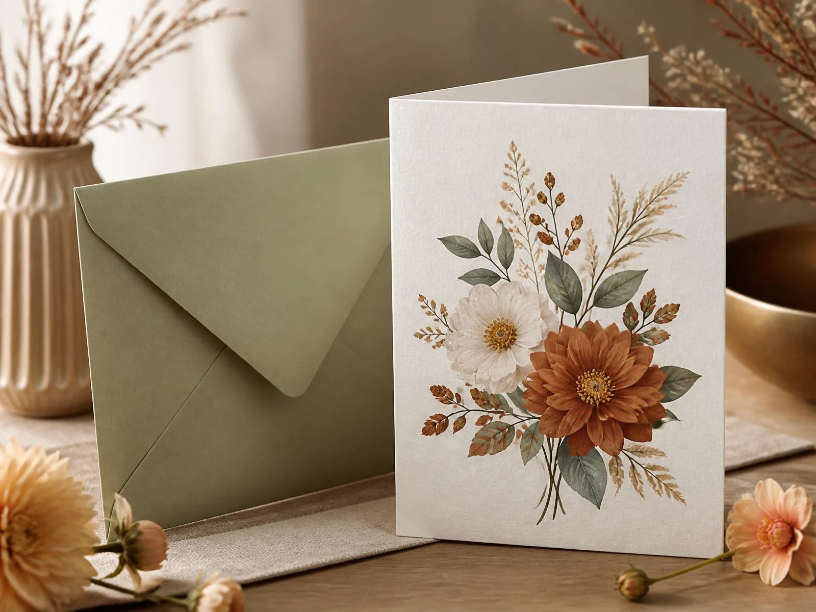 Carte de vœux pliée avec enveloppe et fleurs dans une ambiance chaleureuse