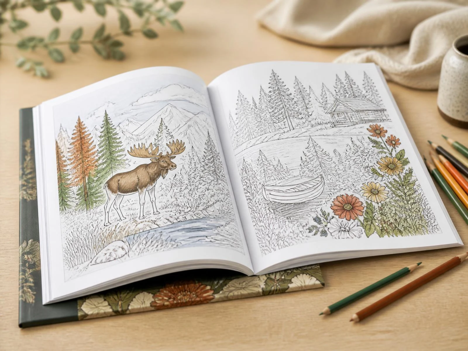Livre de coloriage ouvert avec illustrations nettes et crayons de couleur
